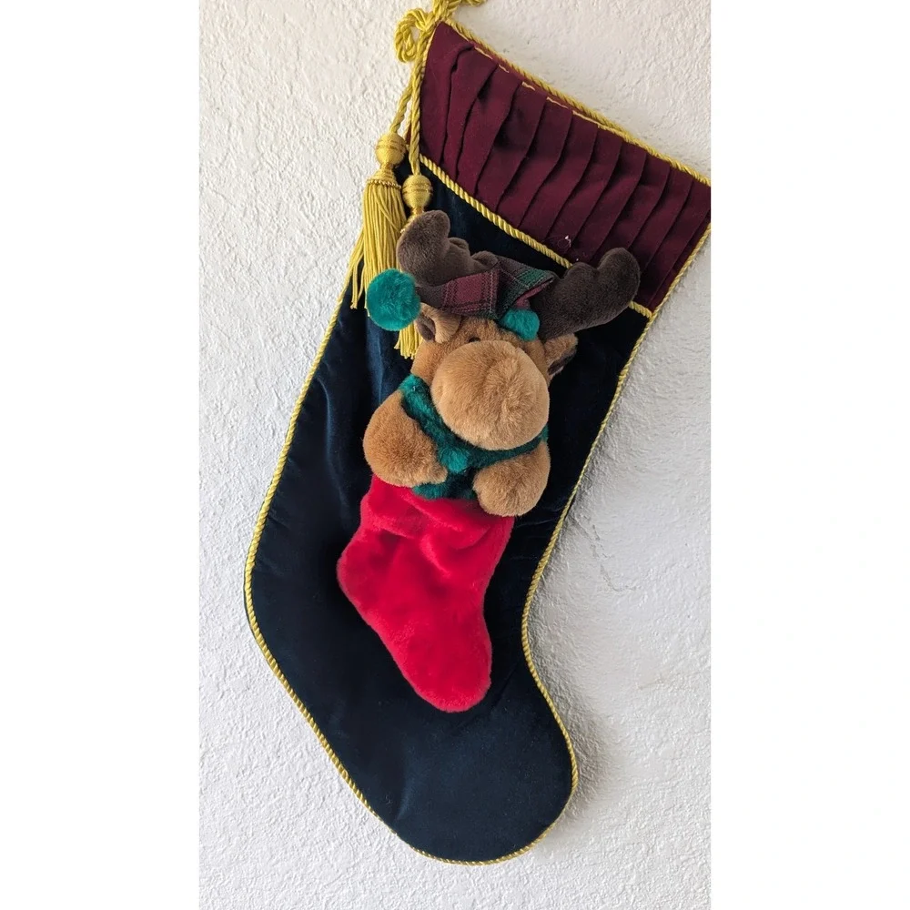 Navy Velvet Christmas Stocking with 3D Plush Moose Gold Tassels Burgundy Cuff